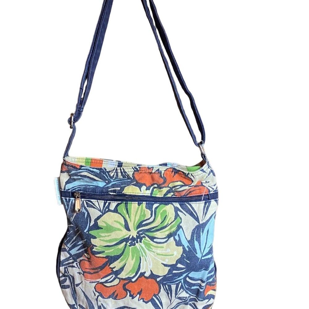 Caribbean Joe Tropical Floral Canvas Crossbody Bag Multicolor Unisex Zip Closure